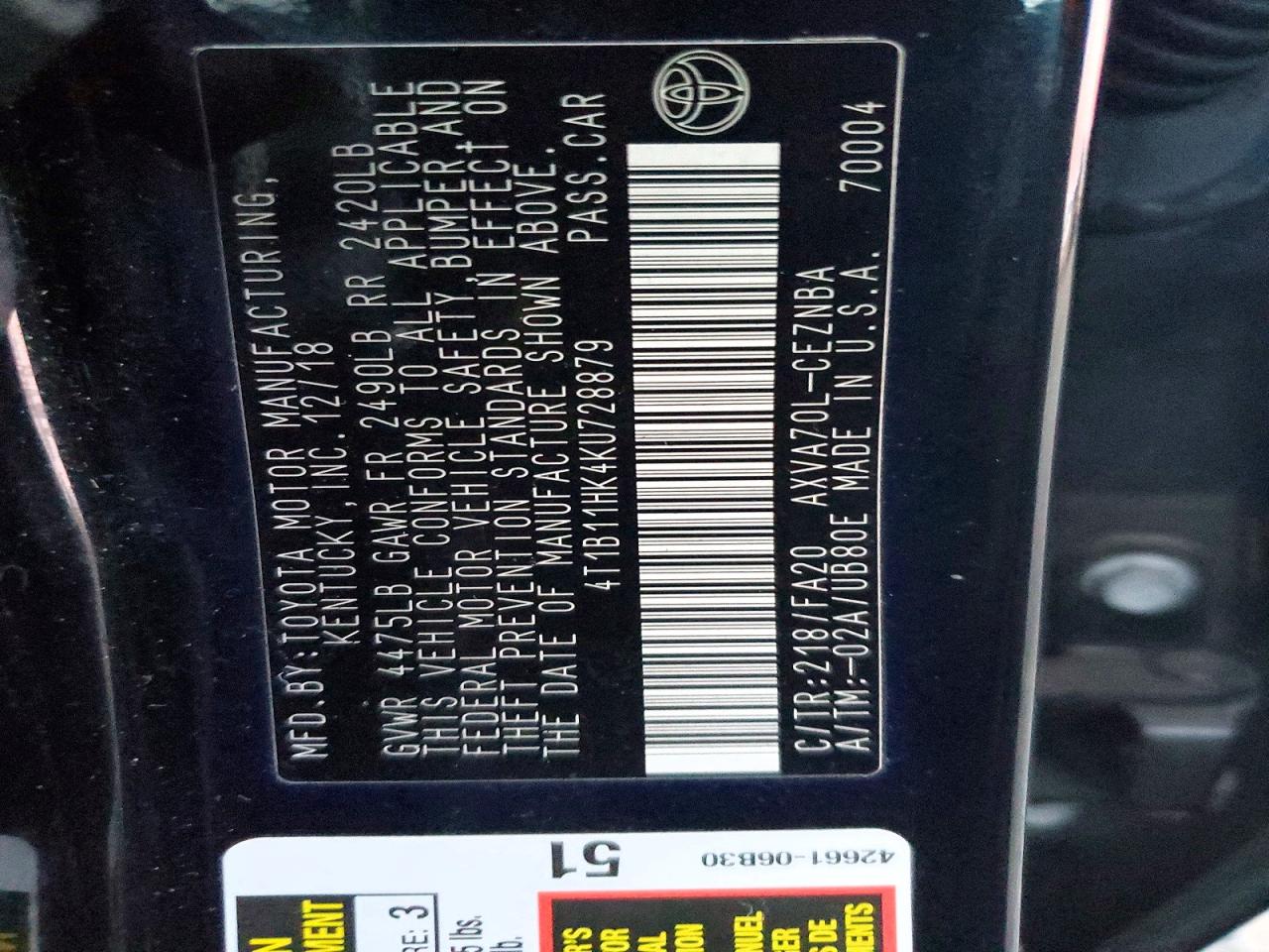 2019 TOYOTA CAMRY L photo 12