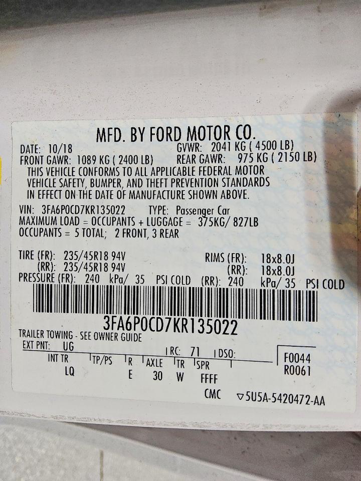 2019 FORD FUSION SEL photo 13