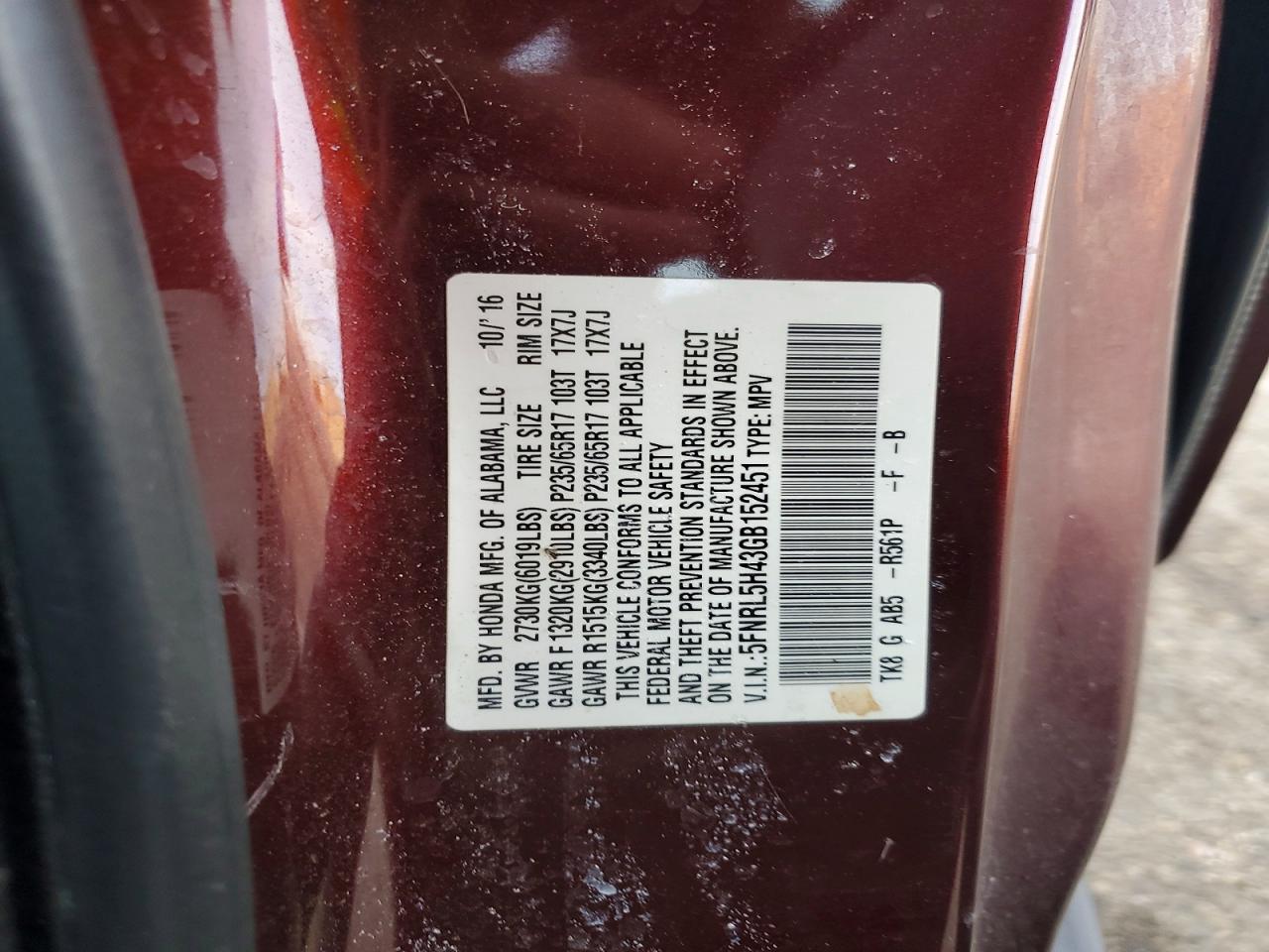 2016 HONDA ODYSSEY EX photo 13