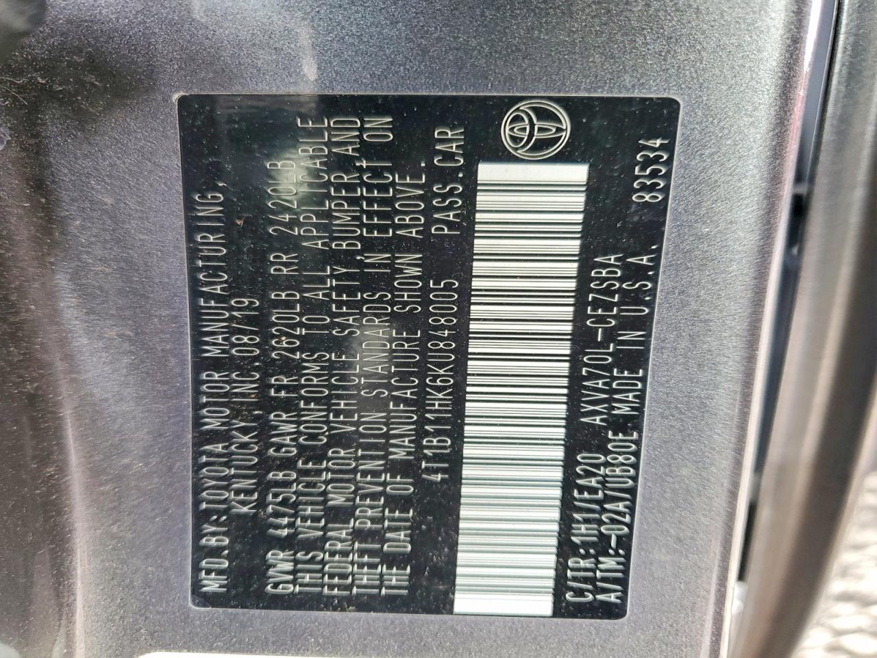2019 TOYOTA CAMRY L photo 12