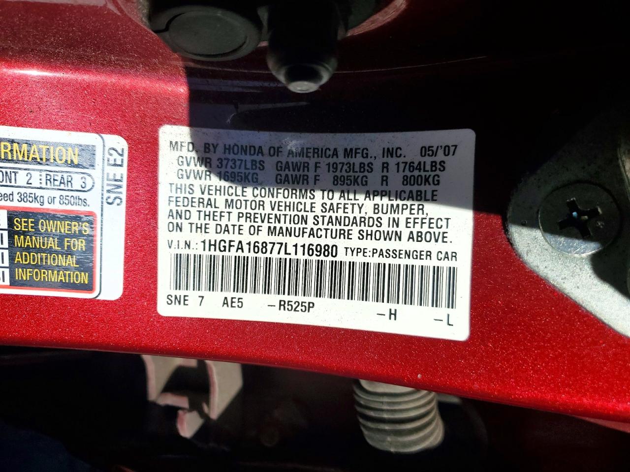 2007 HONDA CIVIC EX photo 12
