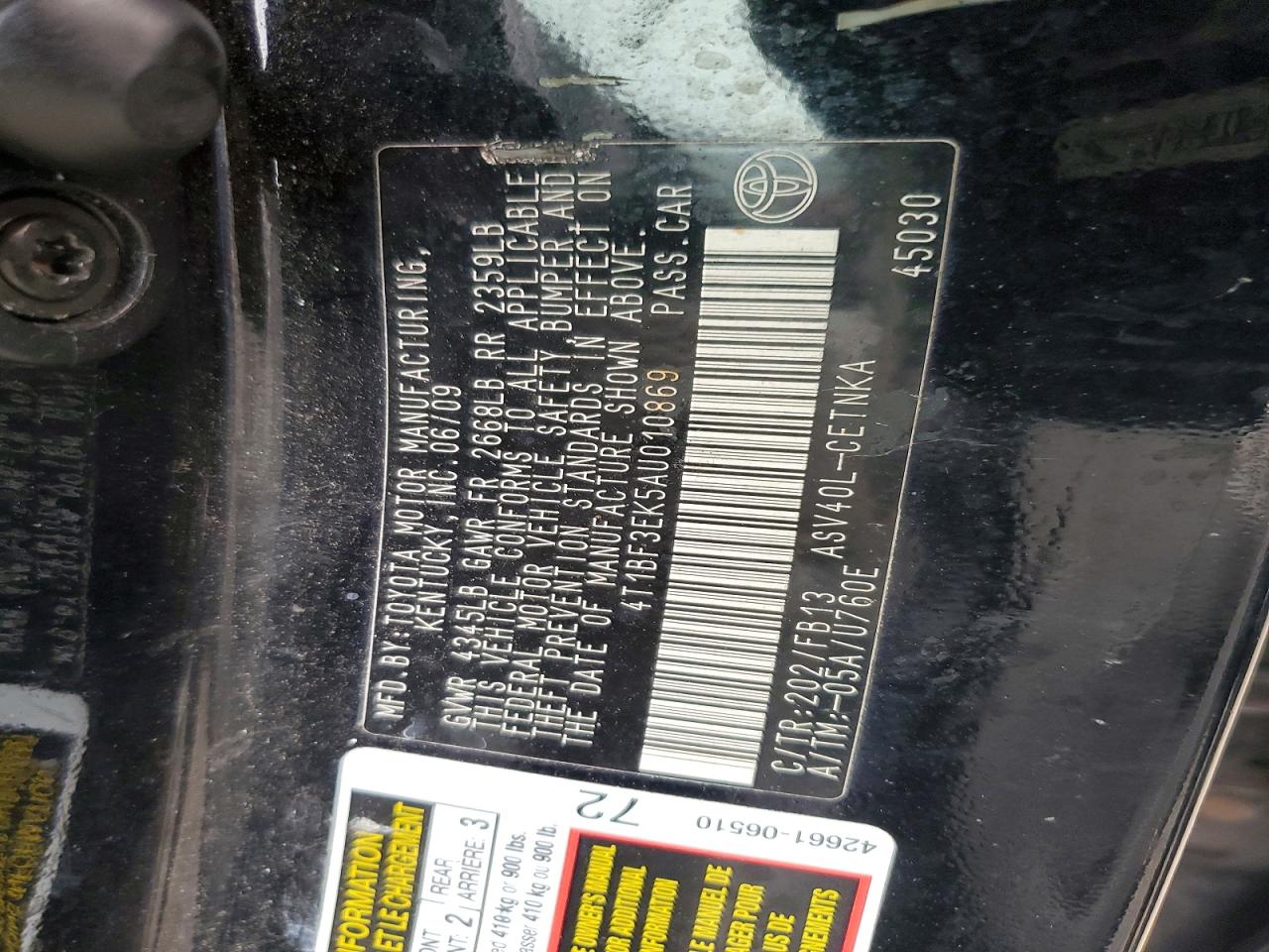 2010 TOYOTA CAMRY BASE photo 12