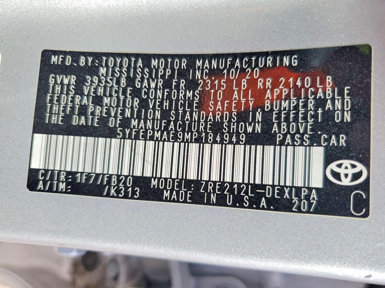 2021 TOYOTA COROLLA LE photo 12