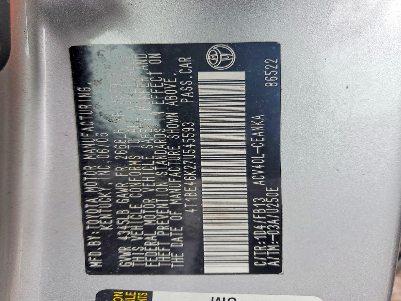 2007 TOYOTA CAMRY CE photo 23