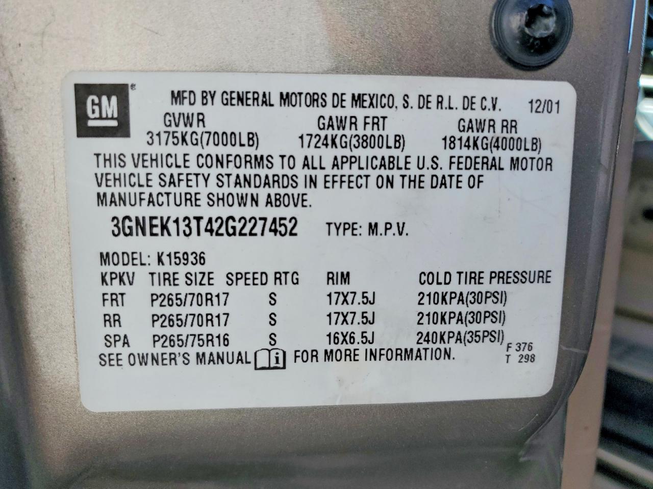 2002 CHEVROLET AVALANCHE K1500 photo 12