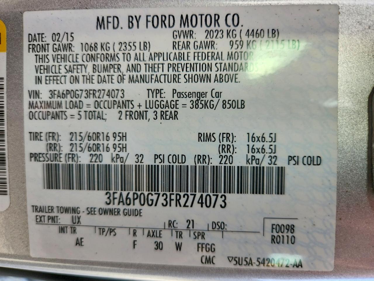 2015 FORD FUSION S photo 12