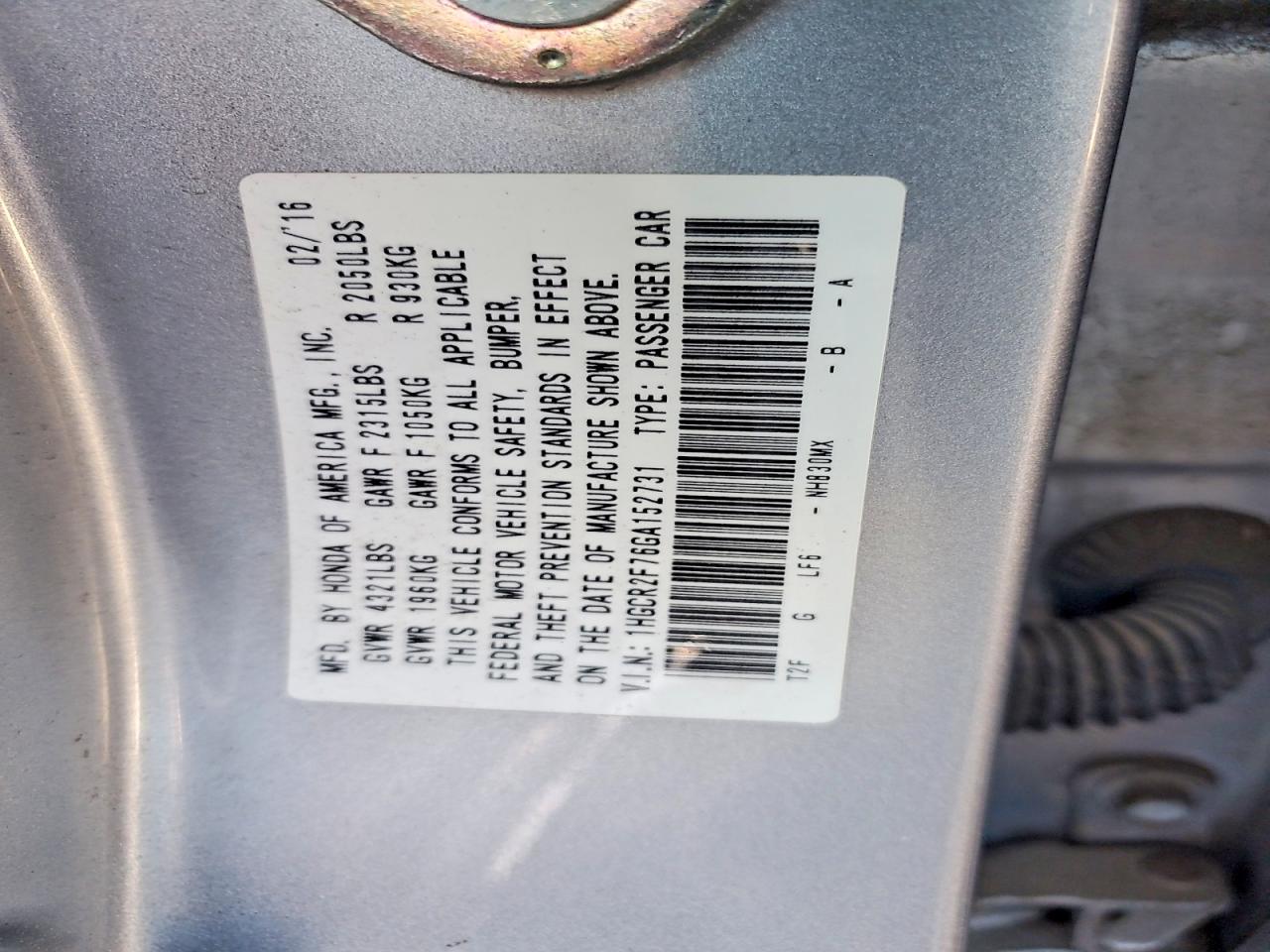 2016 HONDA ACCORD EX photo 13