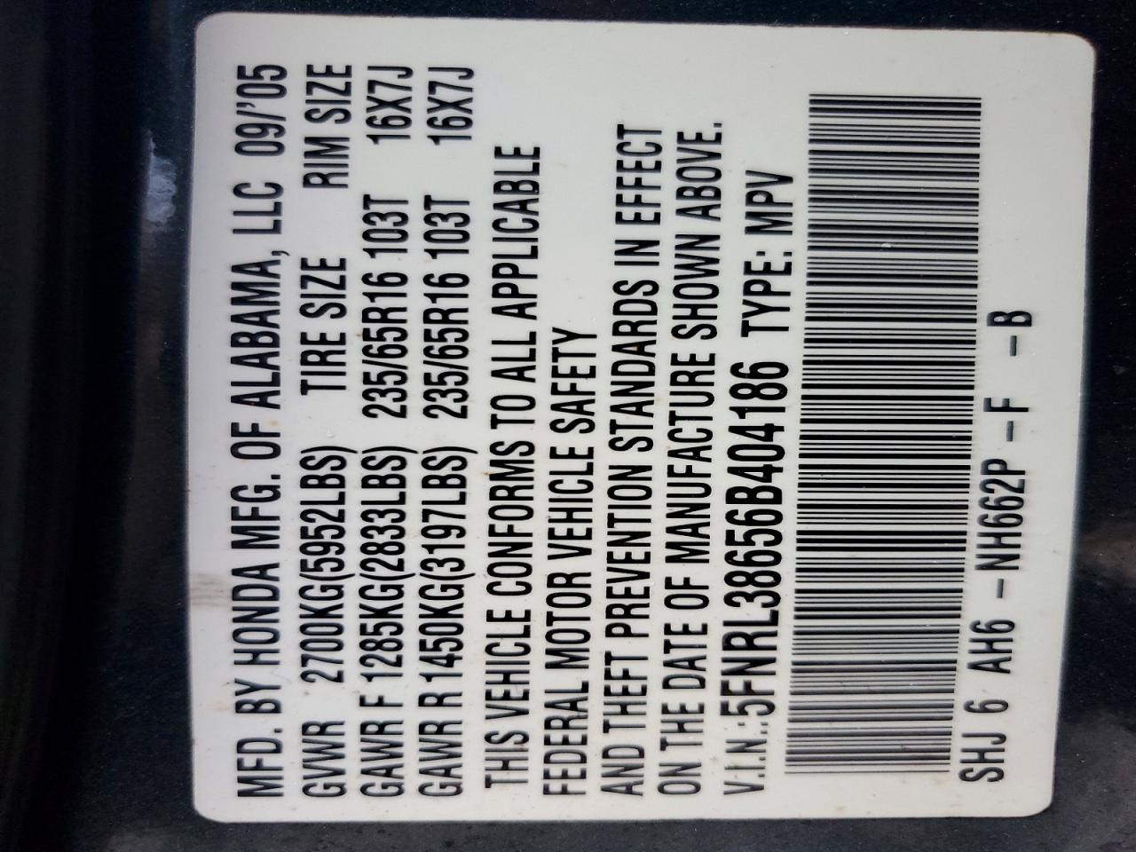 2006 HONDA ODYSSEY EXL photo 12
