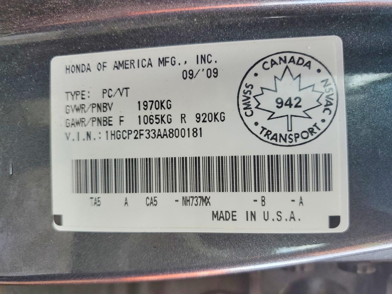 2010 HONDA ACCORD LX photo 12