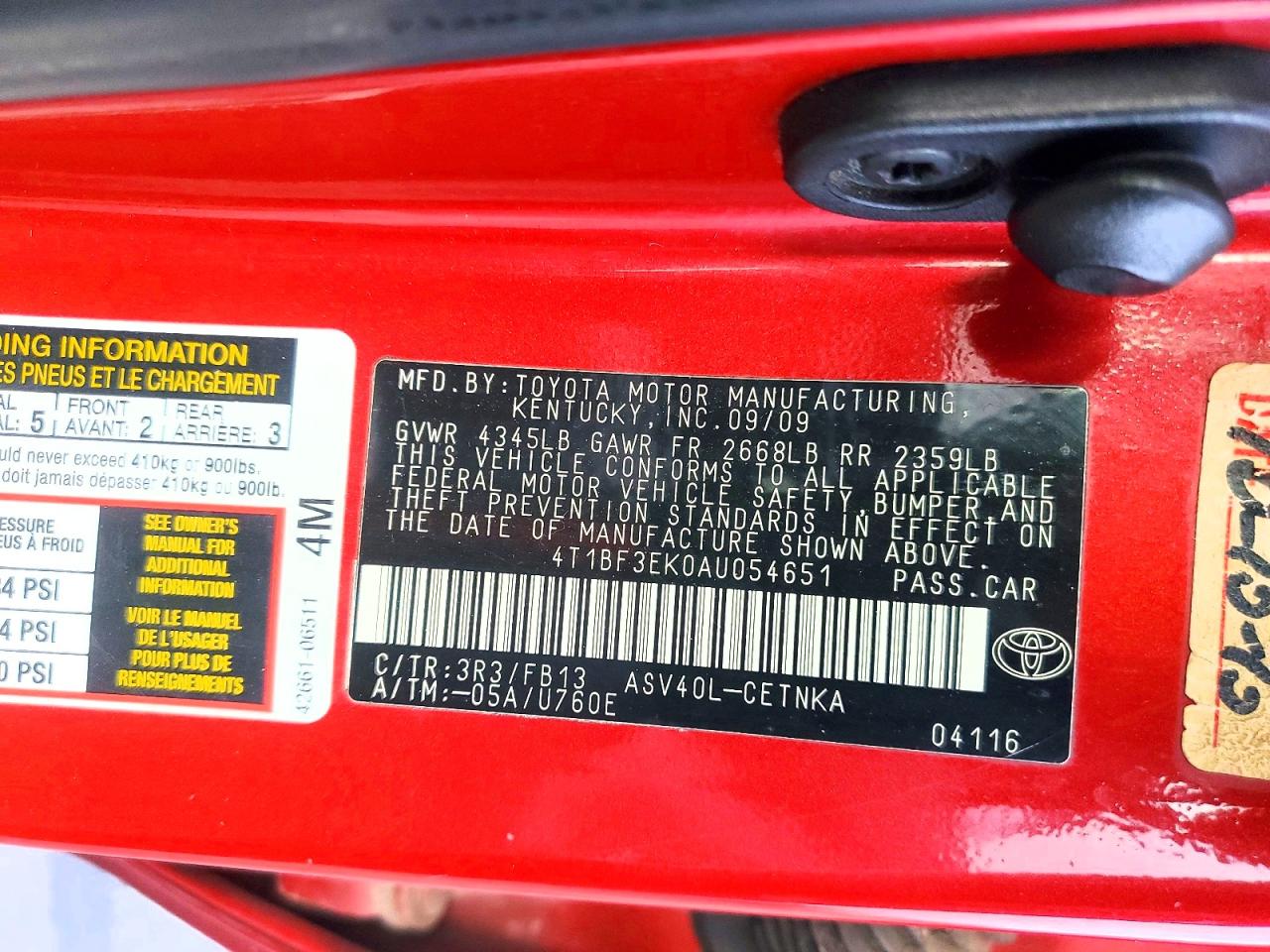 2010 TOYOTA CAMRY BASE photo 12