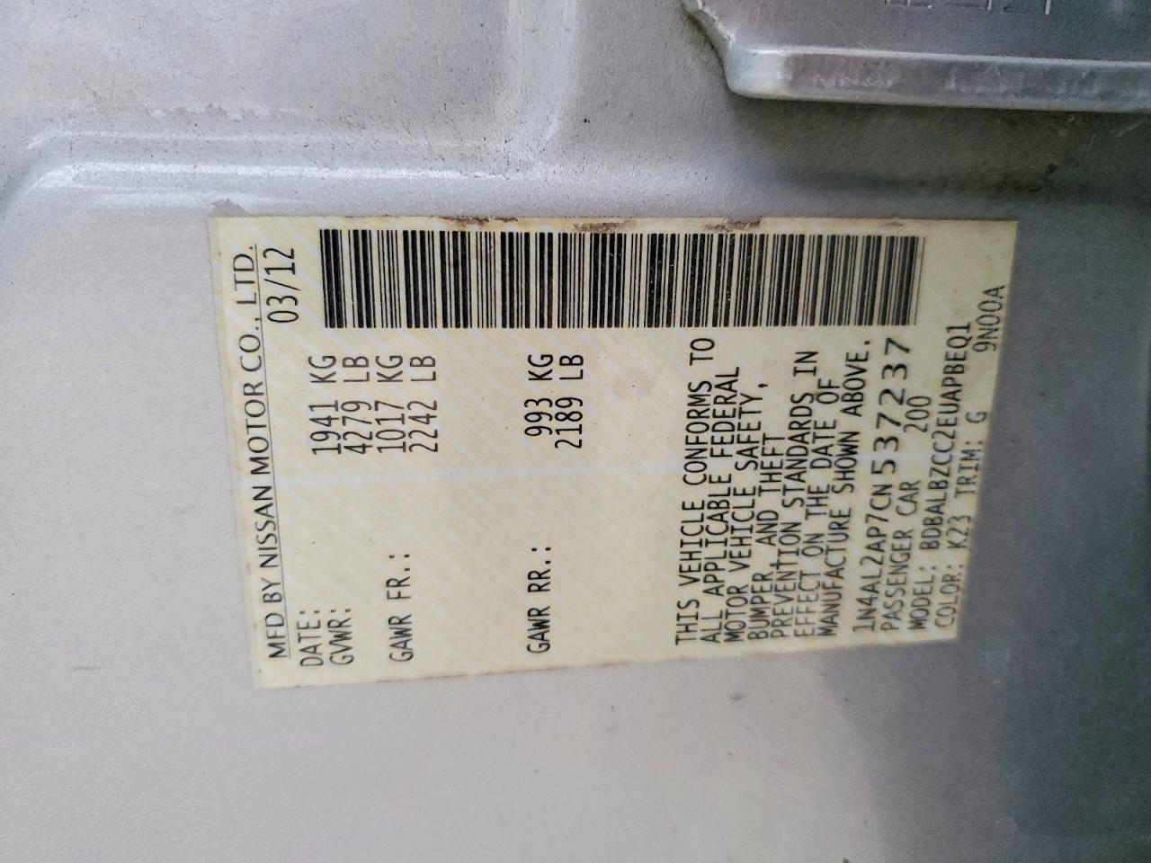 2012 NISSAN ALTIMA BASE photo 12