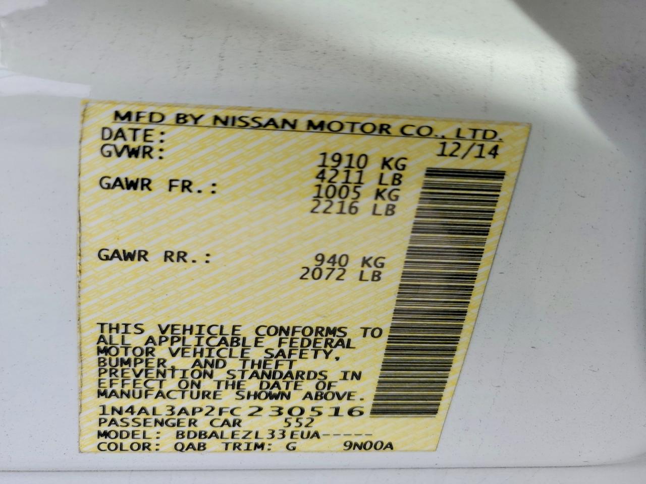 2015 NISSAN ALTIMA 2.5 S photo 12