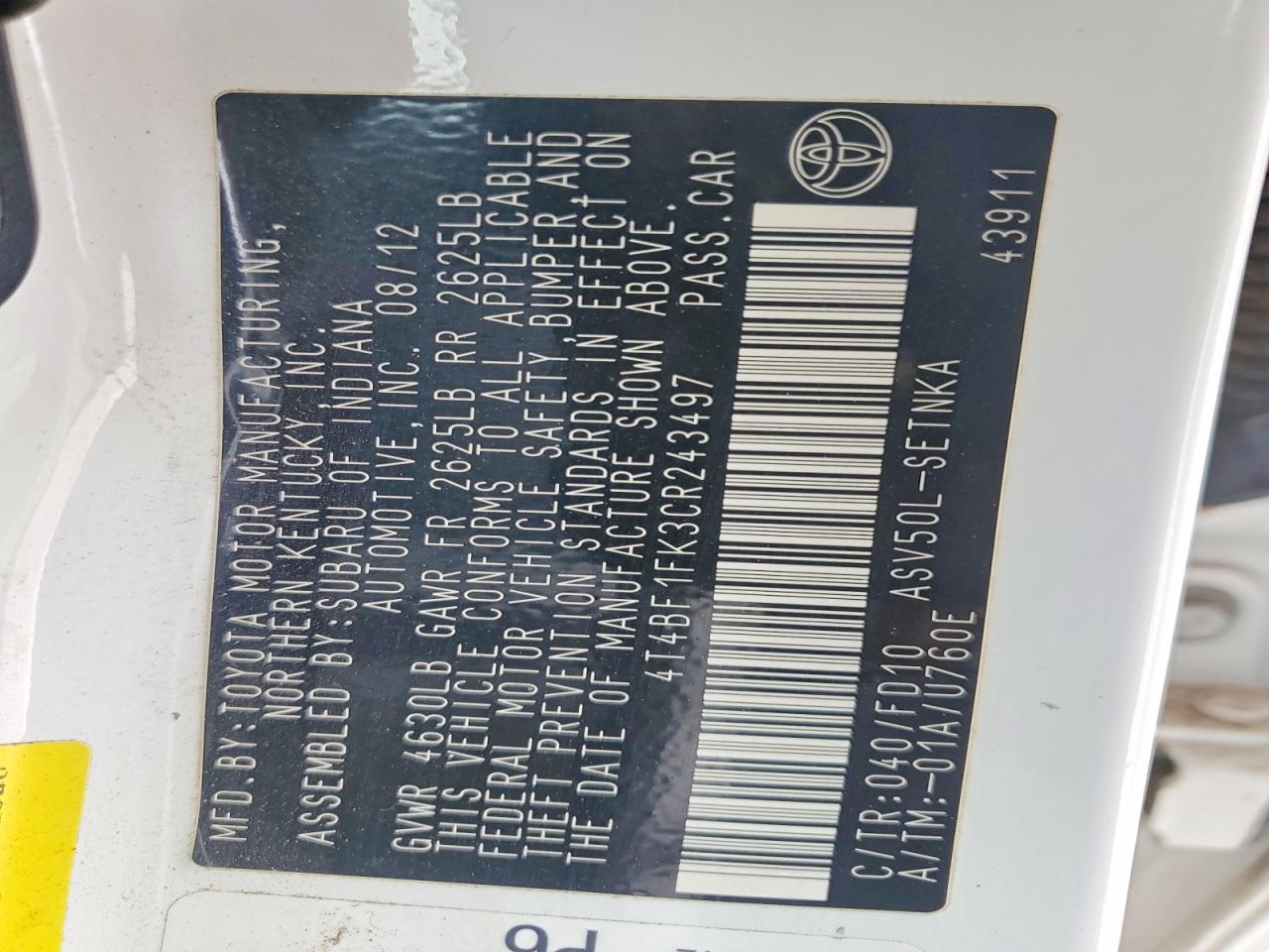 2012 TOYOTA CAMRY BASE photo 13