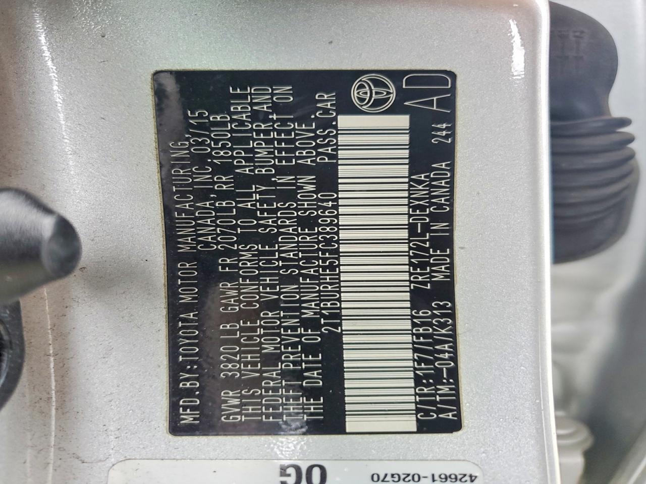 2015 TOYOTA COROLLA L photo 12