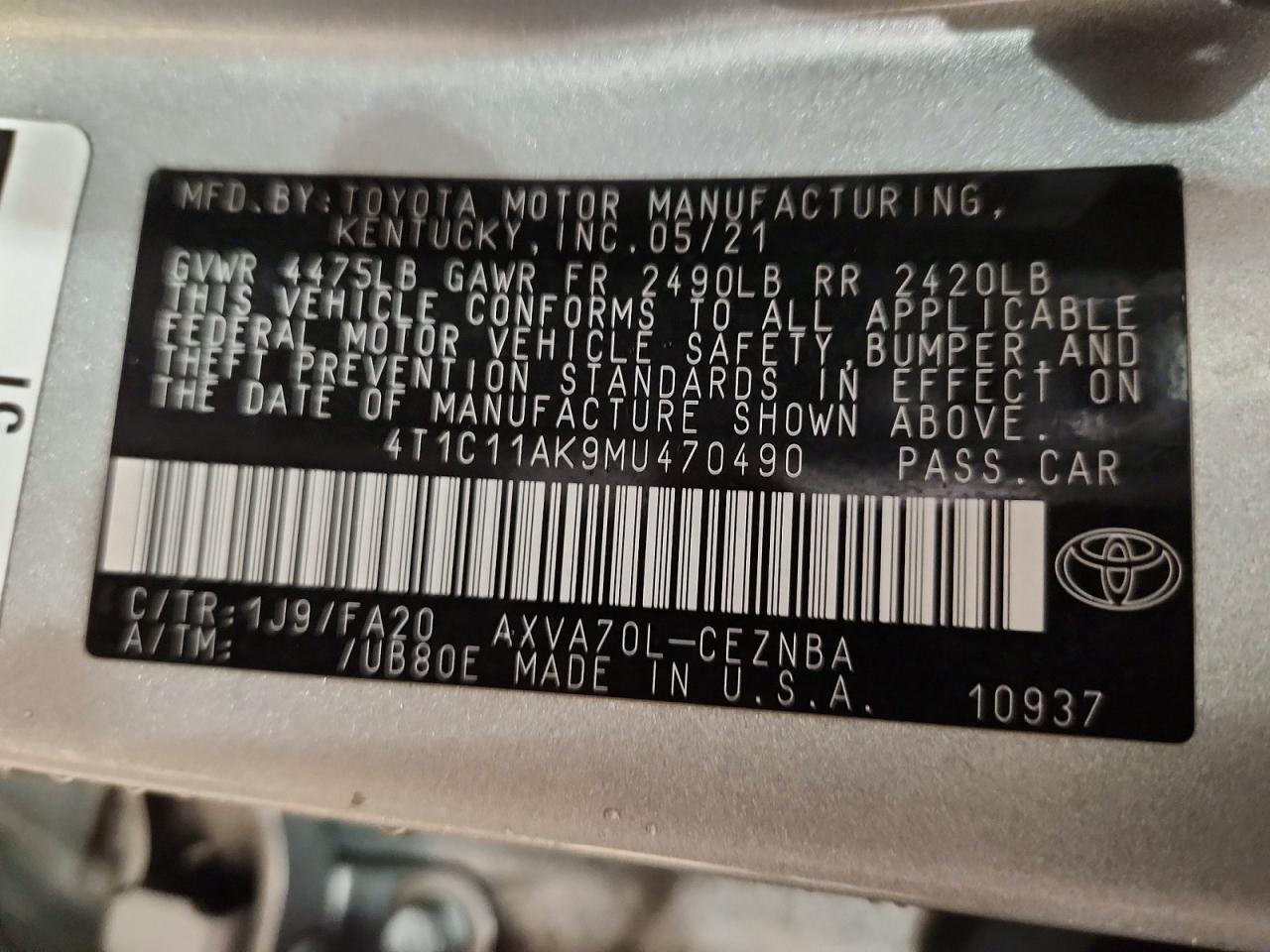 2021 TOYOTA CAMRY LE photo 12