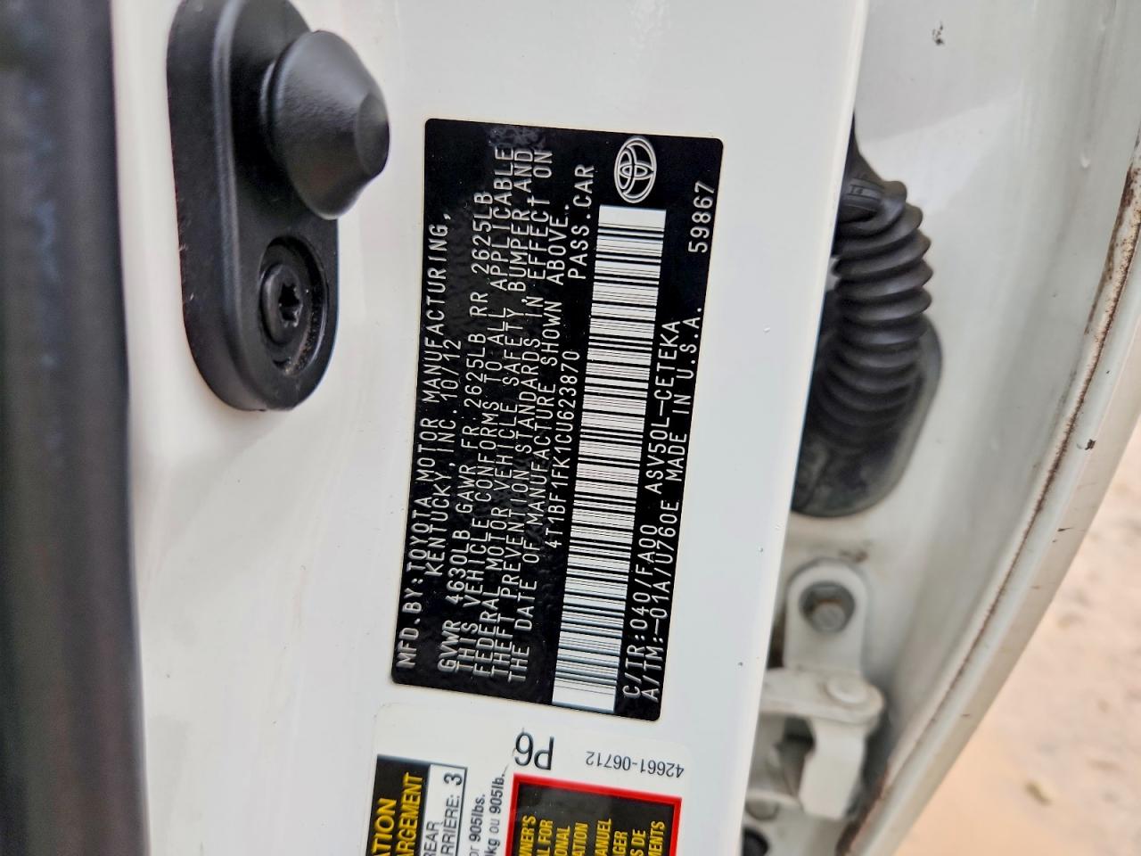 2012 TOYOTA CAMRY BASE photo 12