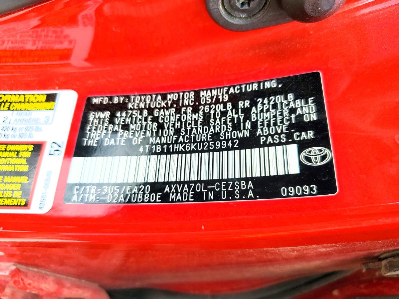 2019 TOYOTA CAMRY L photo 12