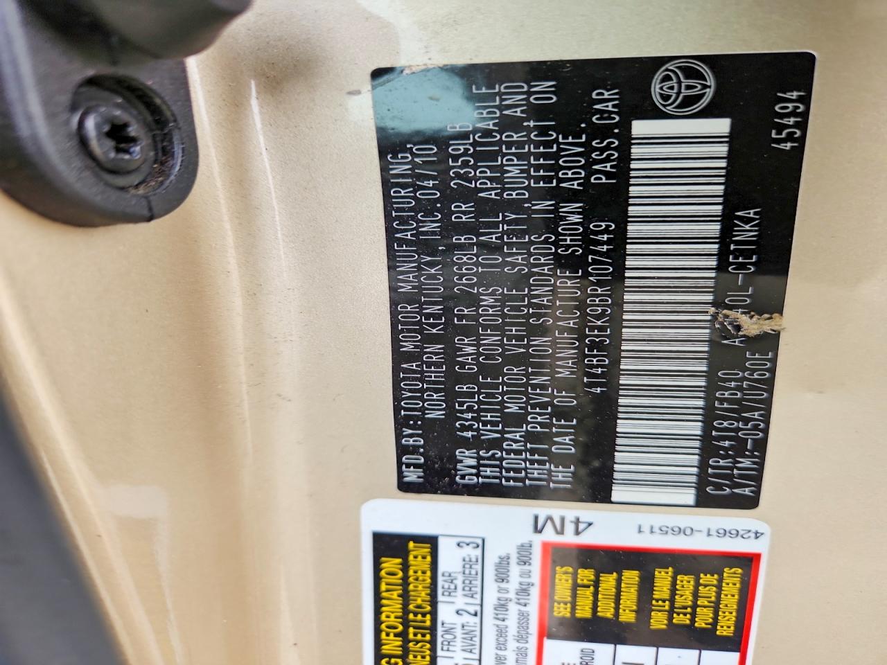 2011 TOYOTA CAMRY BASE photo 13