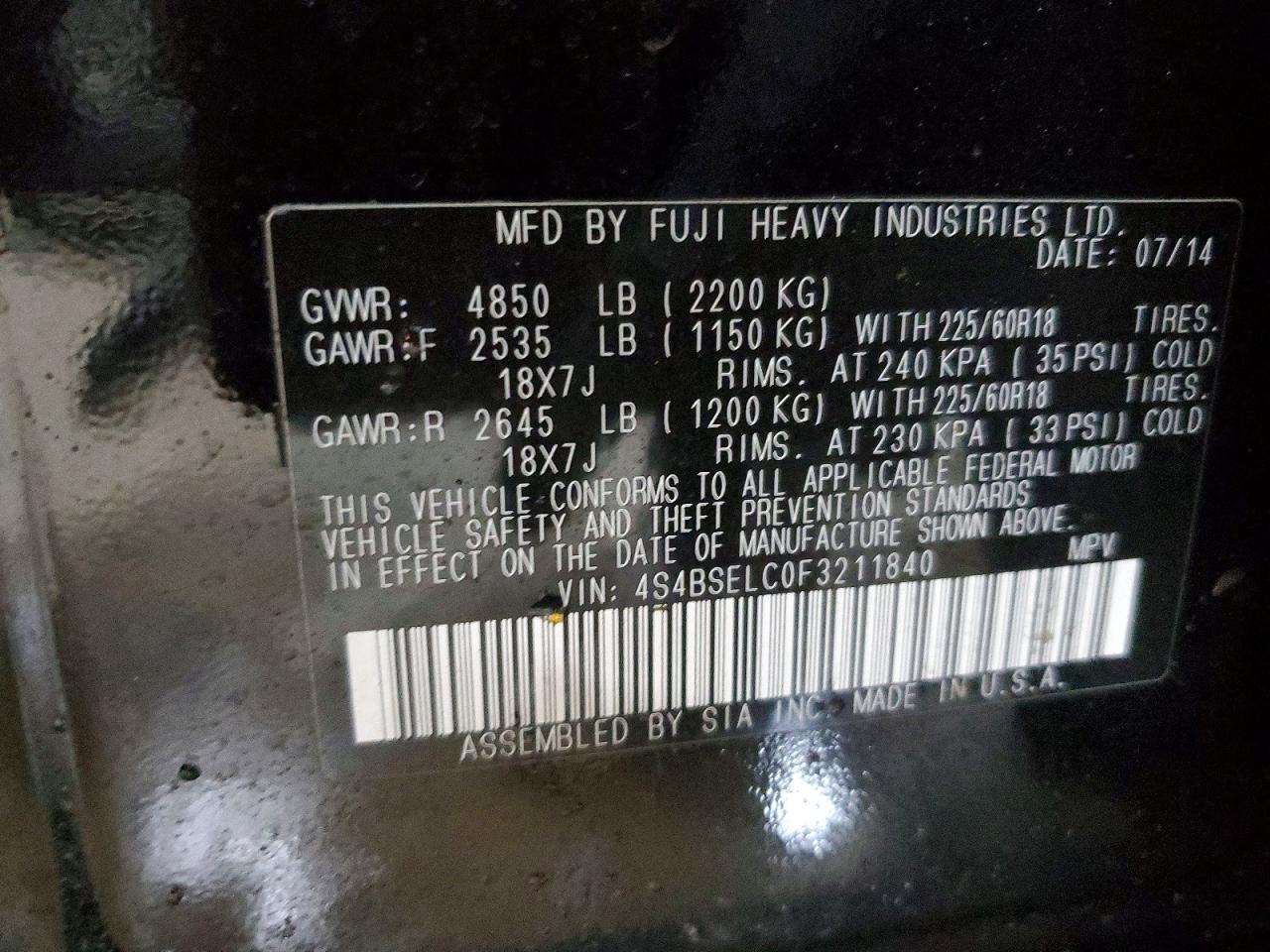 2015 SUBARU OUTBACK 3.6R LIMITED photo 14