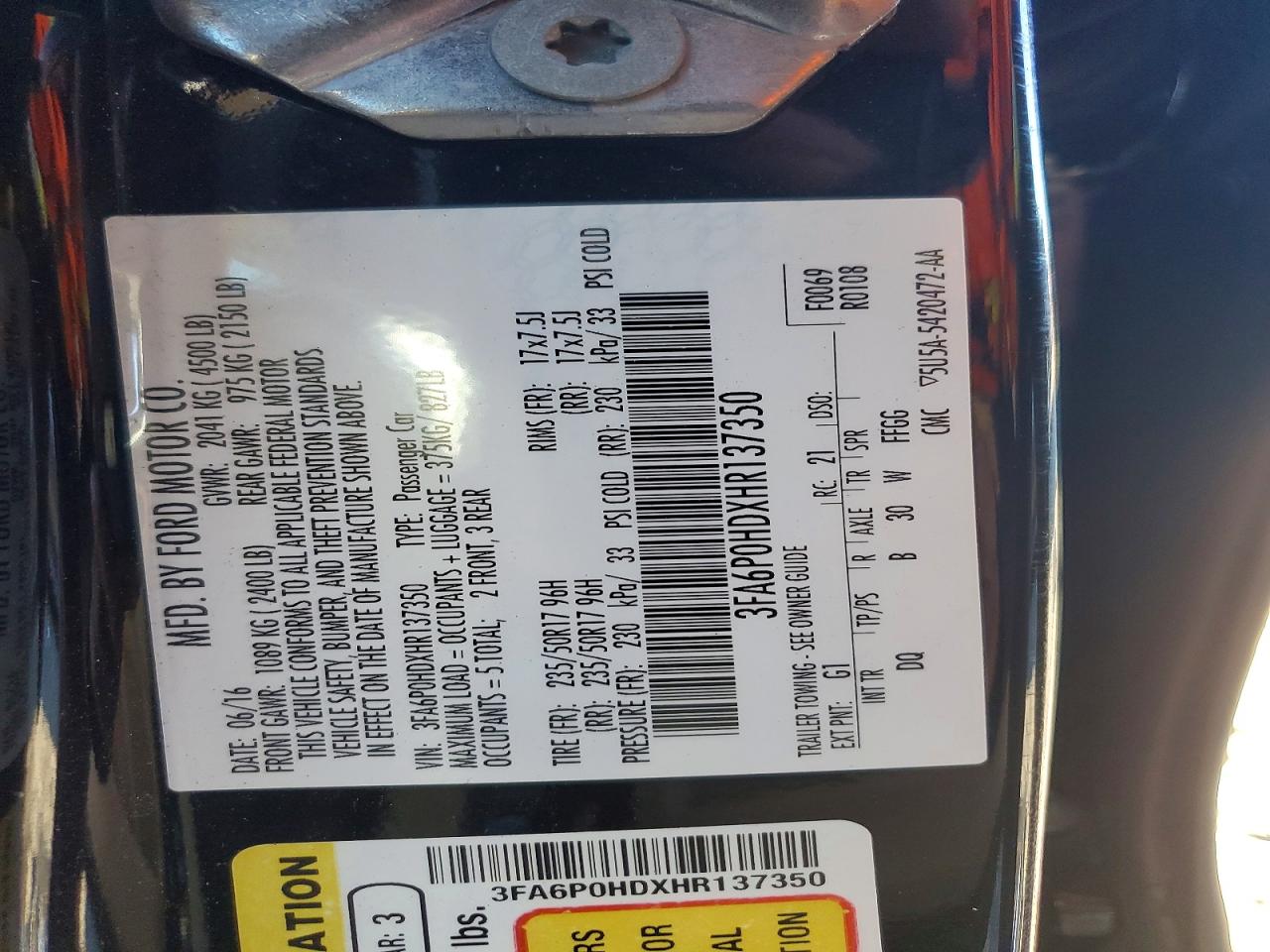 2017 FORD FUSION SE photo 12