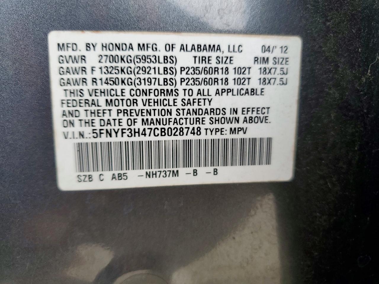 2012 HONDA PILOT EX photo 12