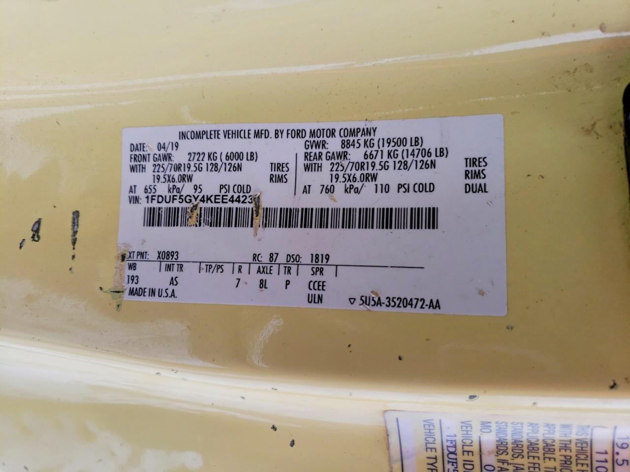 2019 FORD F550 SUPER DUTY TRUCK CAB AND CHASSIS photo 12