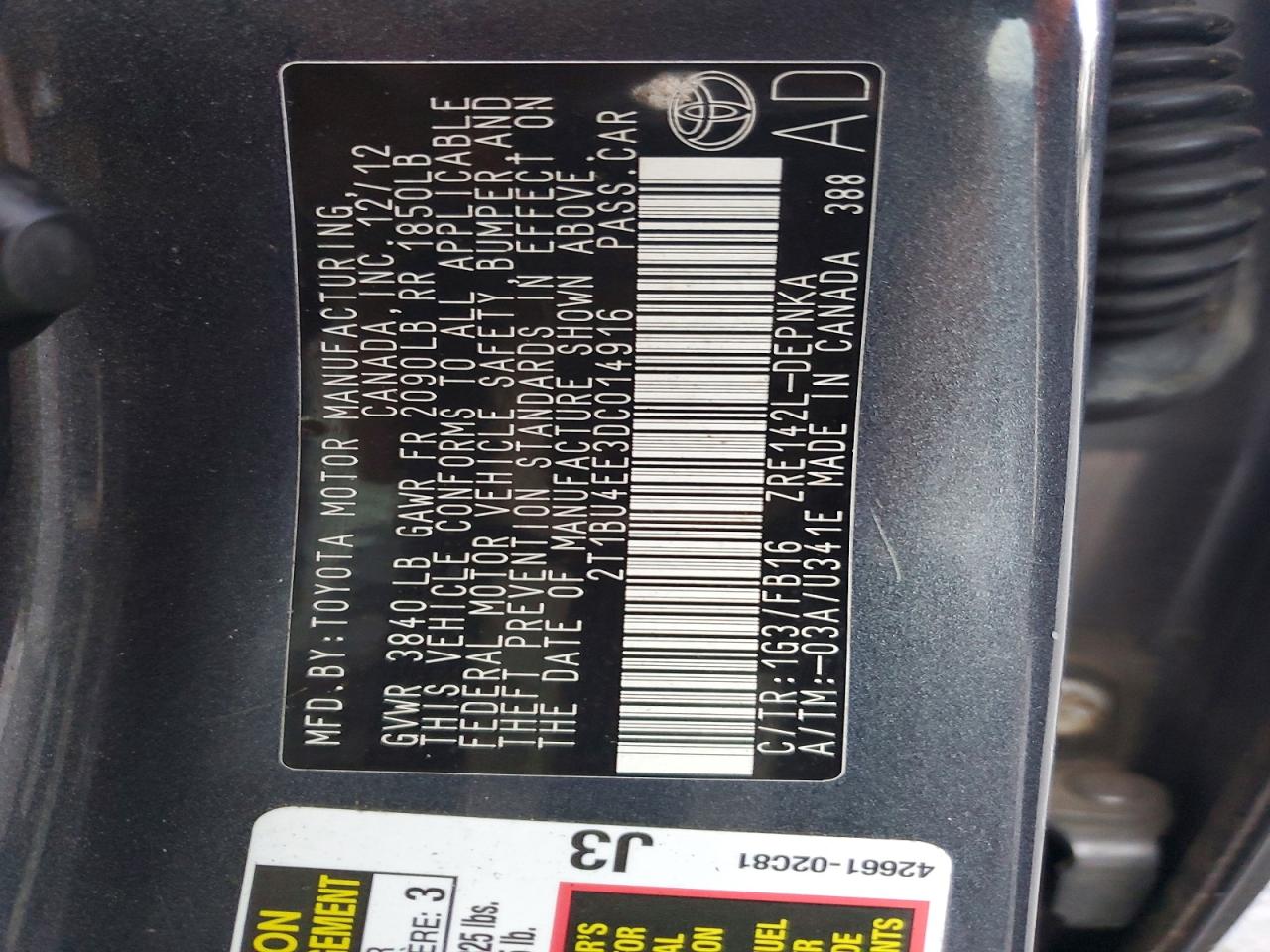 2013 TOYOTA COROLLA BASE photo 12