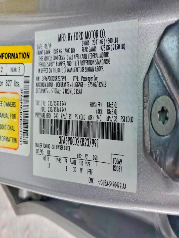 2019 FORD FUSION SEL photo 12