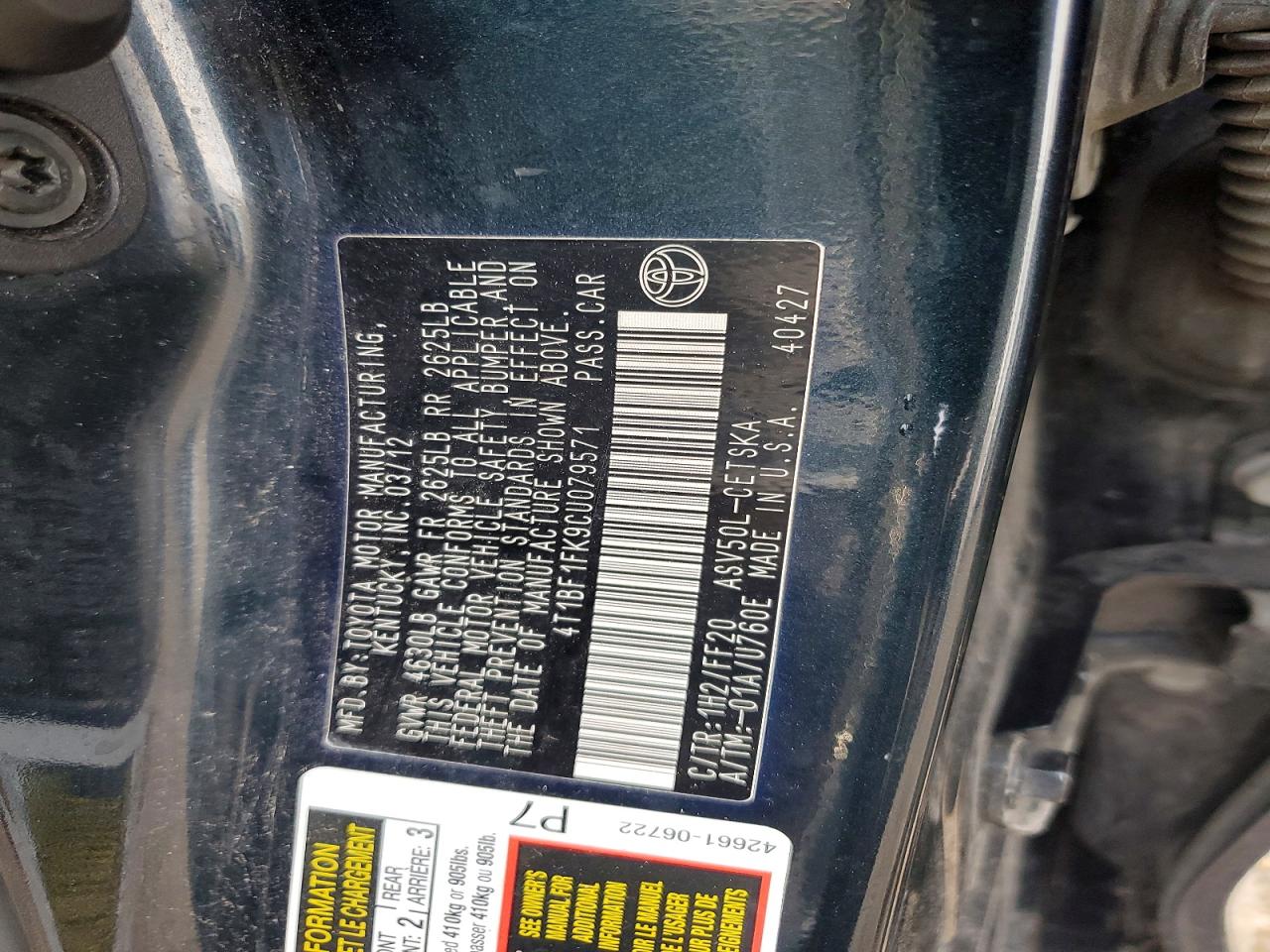 2012 TOYOTA CAMRY BASE photo 12