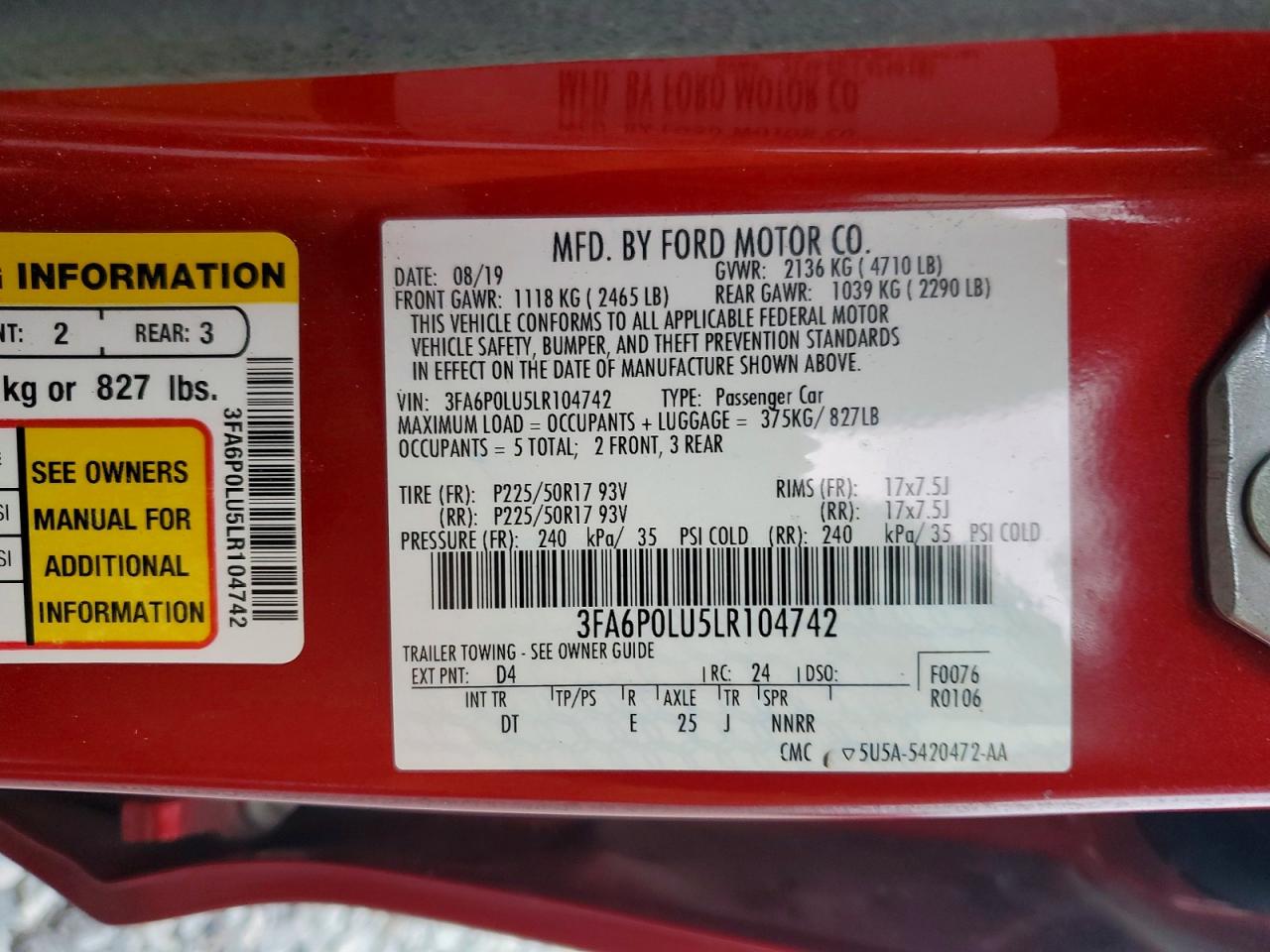 2020 FORD FUSION SE photo 12