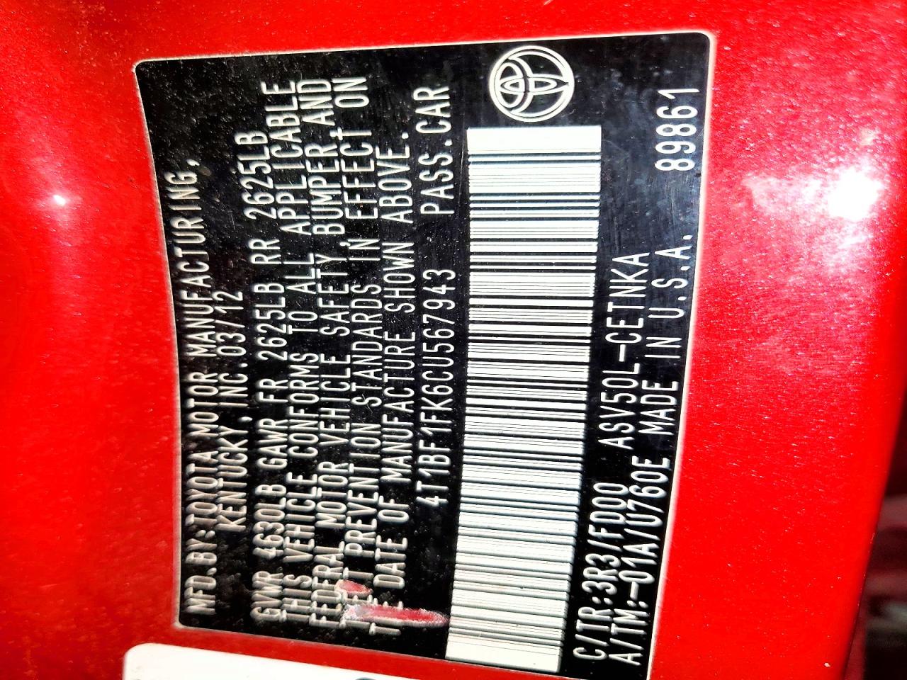 2012 TOYOTA CAMRY BASE photo 12