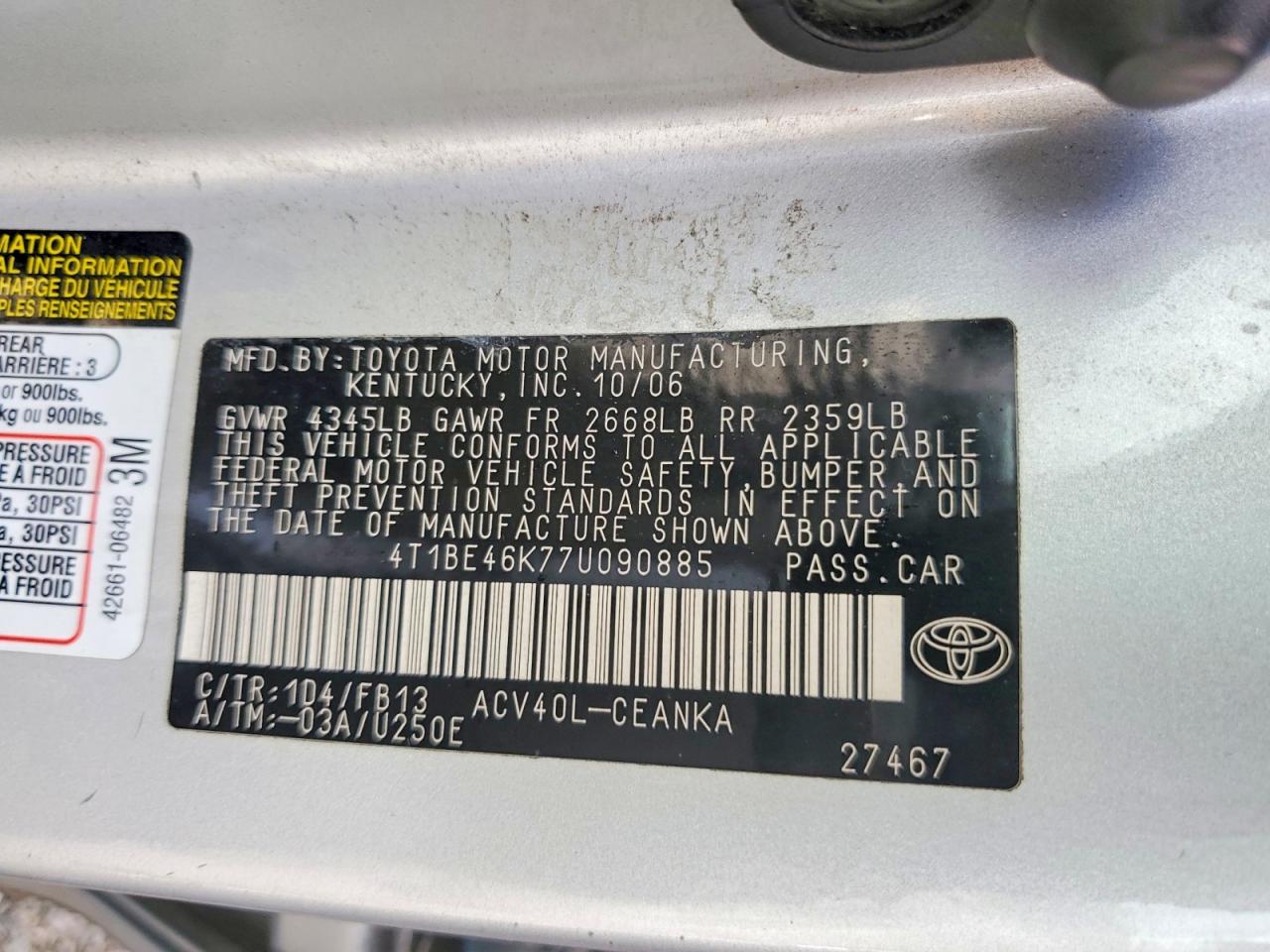 2007 TOYOTA CAMRY CE photo 12