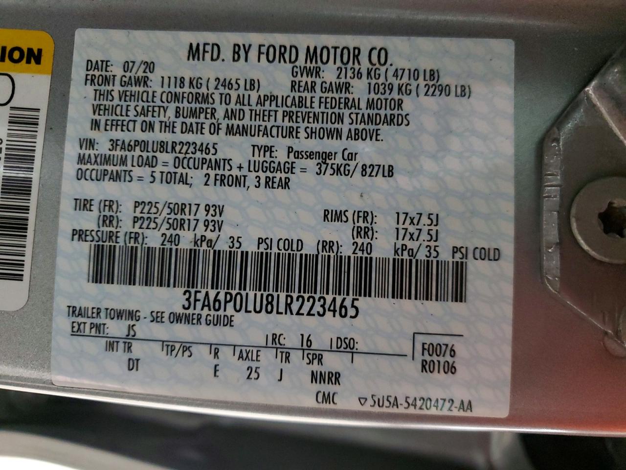 2020 FORD FUSION SE photo 12