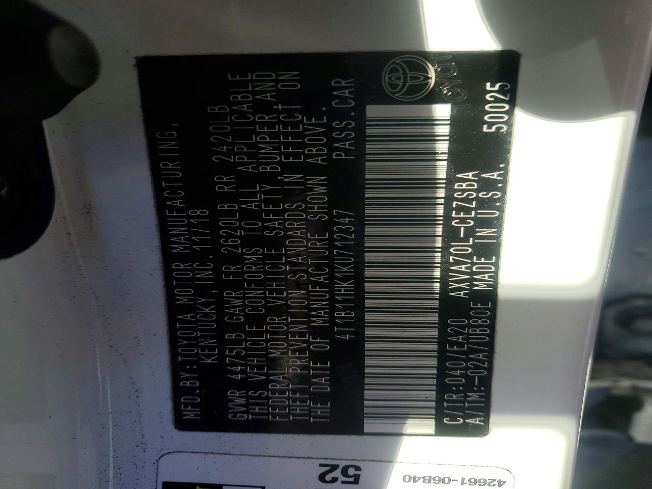 2019 TOYOTA CAMRY L photo 12