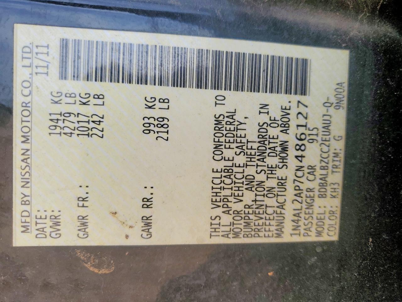 2012 NISSAN ALTIMA BASE photo 12