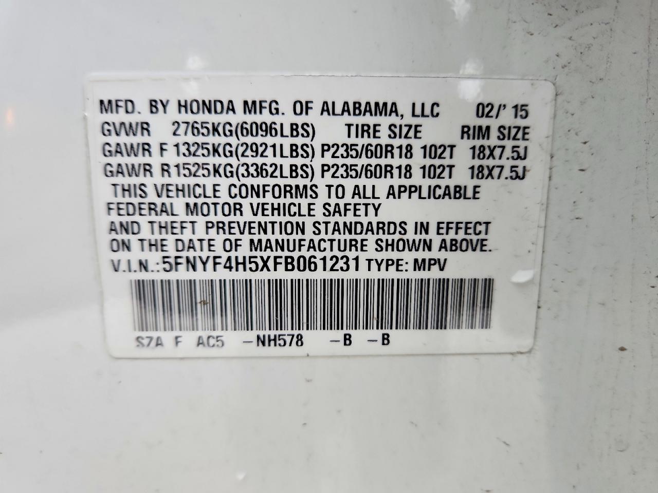 2015 HONDA PILOT EXL photo 12