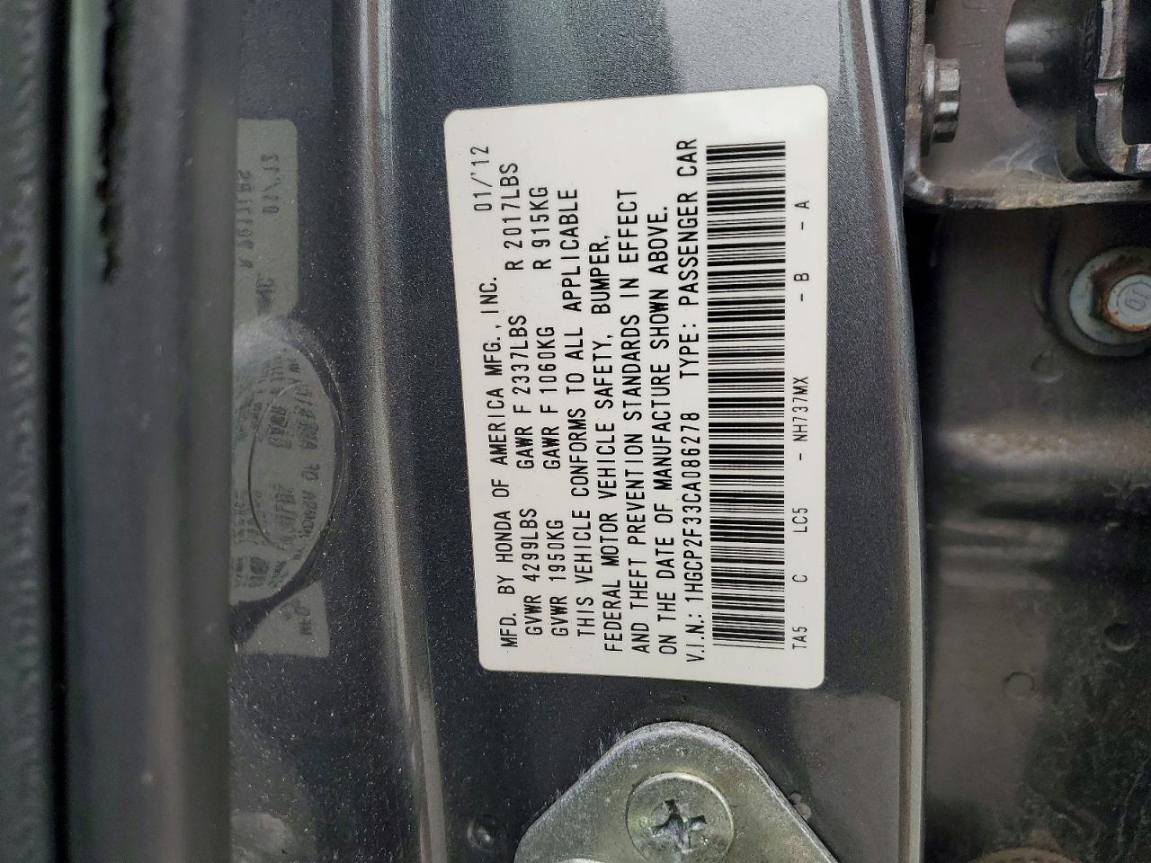 2012 HONDA ACCORD LX photo 12
