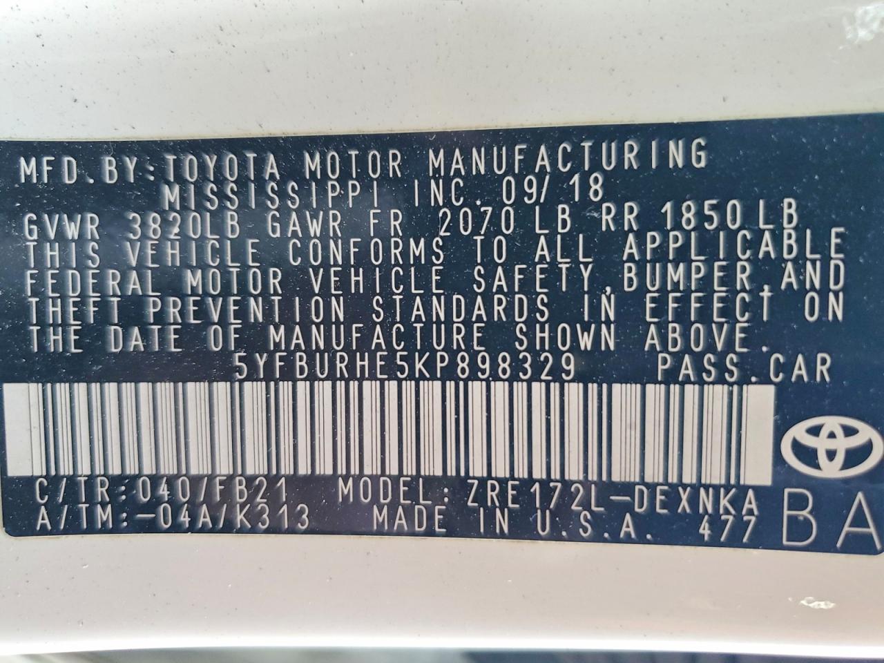 2019 TOYOTA COROLLA photo 12