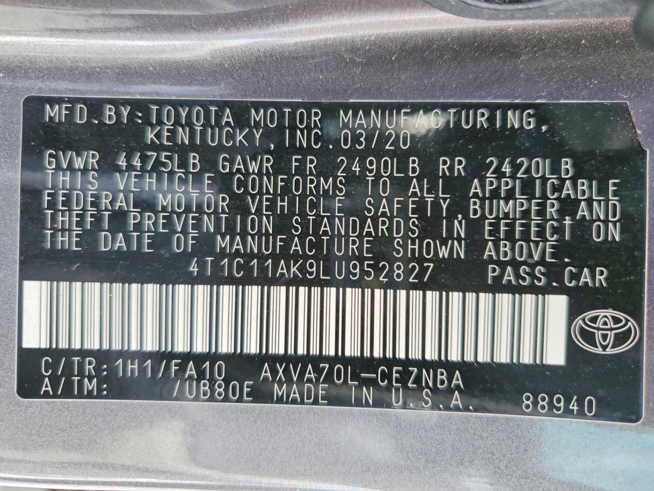 2020 TOYOTA CAMRY LE photo 13