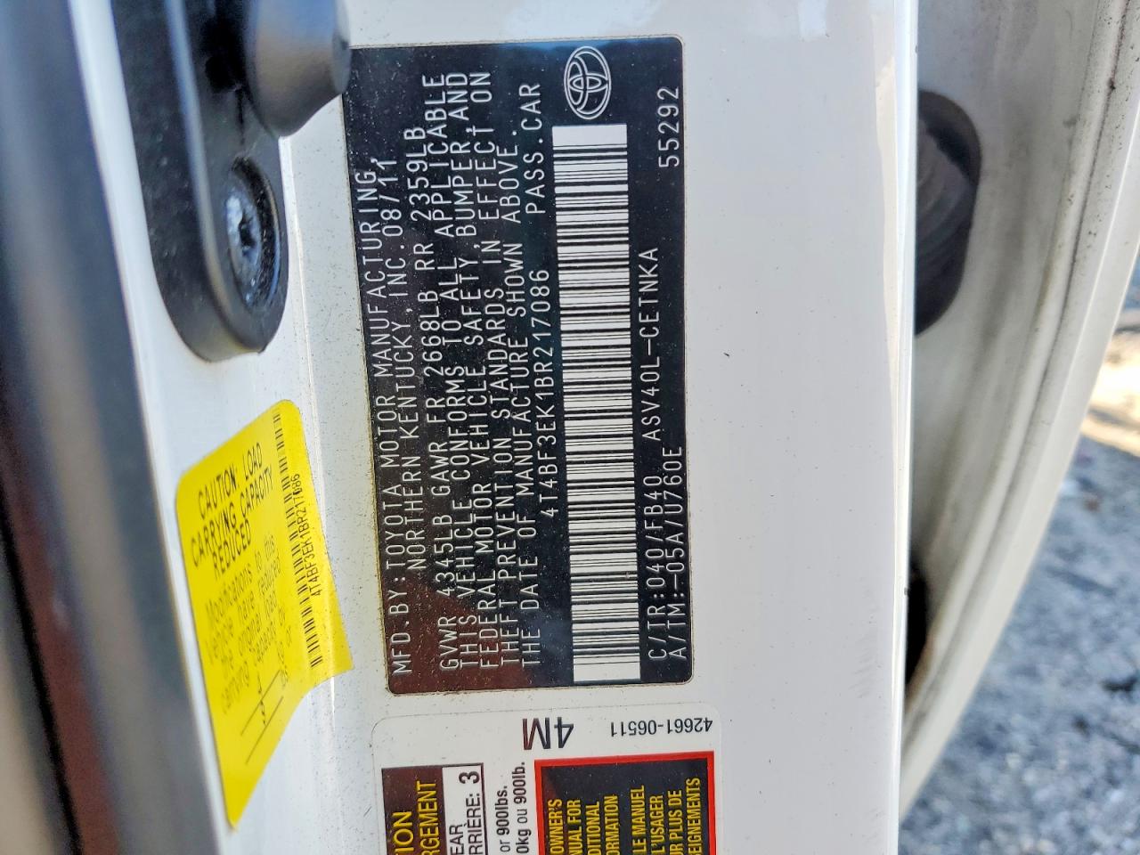2011 TOYOTA CAMRY BASE photo 12