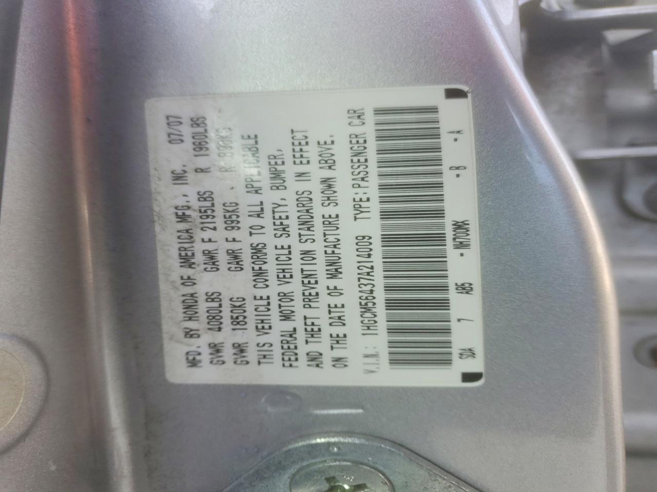 2007 HONDA ACCORD LX photo 12