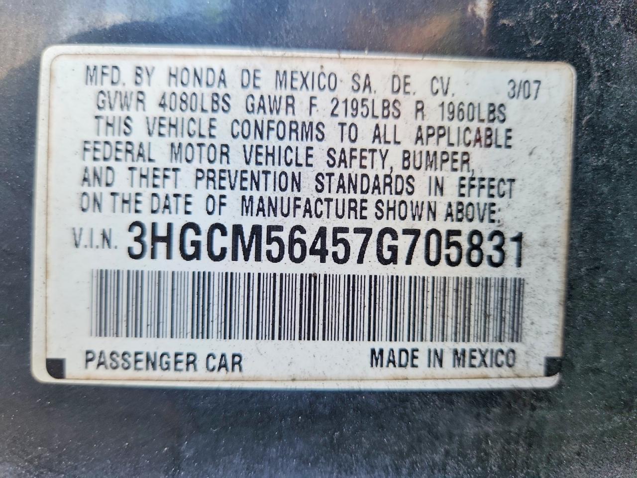 2007 HONDA ACCORD LX photo 13