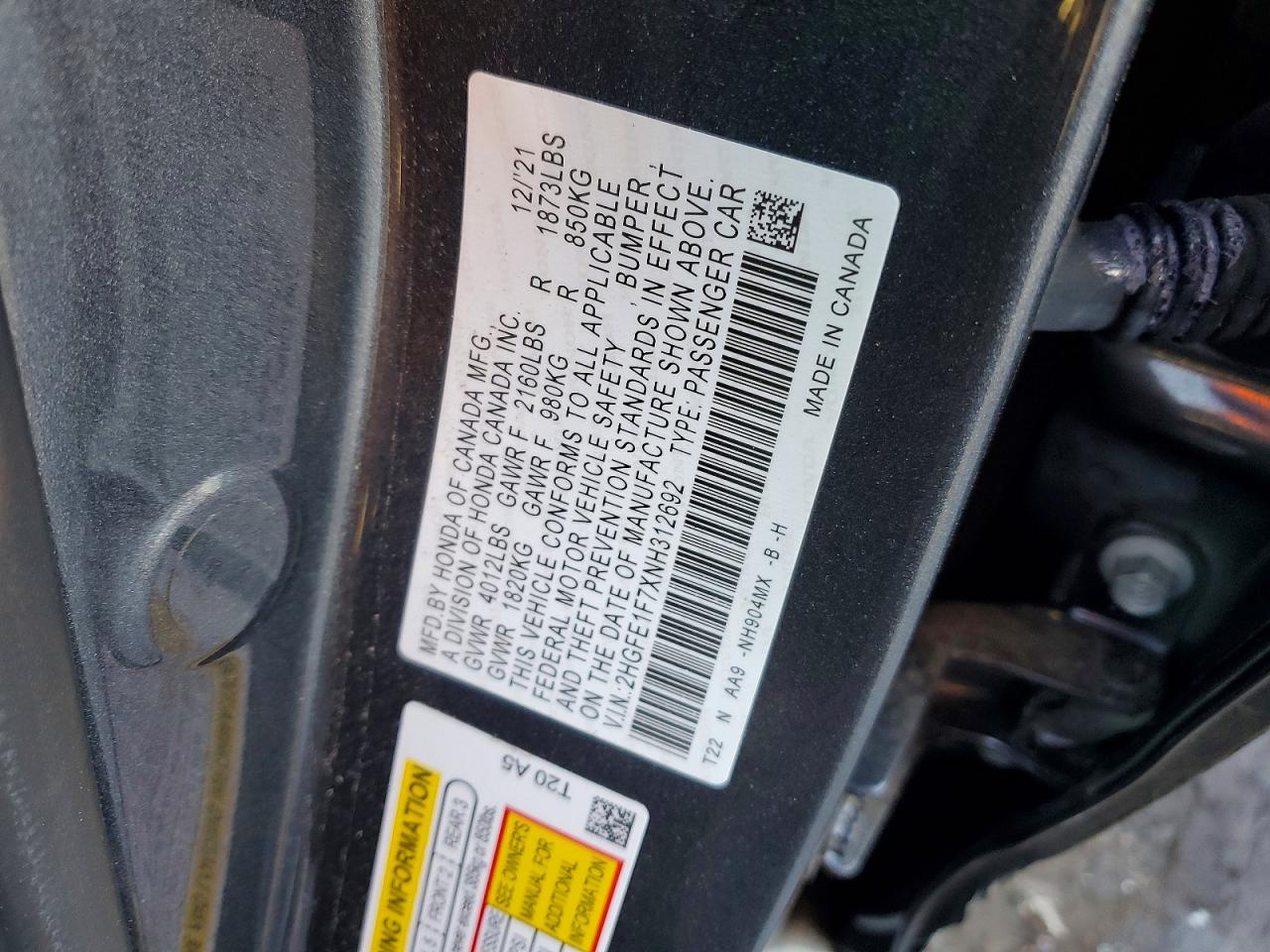 2022 HONDA CIVIC EX photo 12