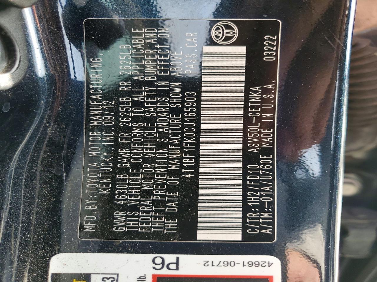 2012 TOYOTA CAMRY BASE photo 12