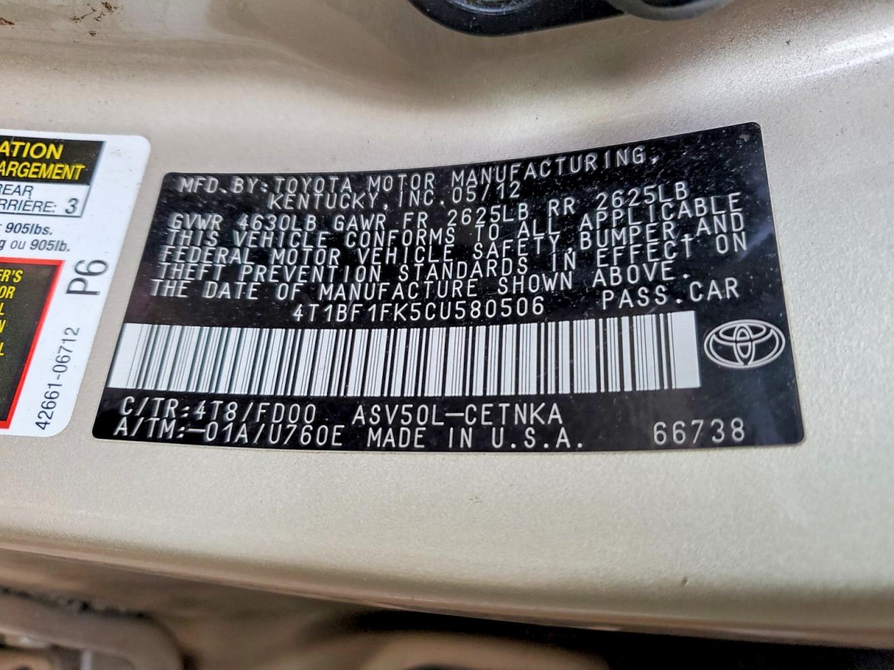 2012 TOYOTA CAMRY BASE photo 13
