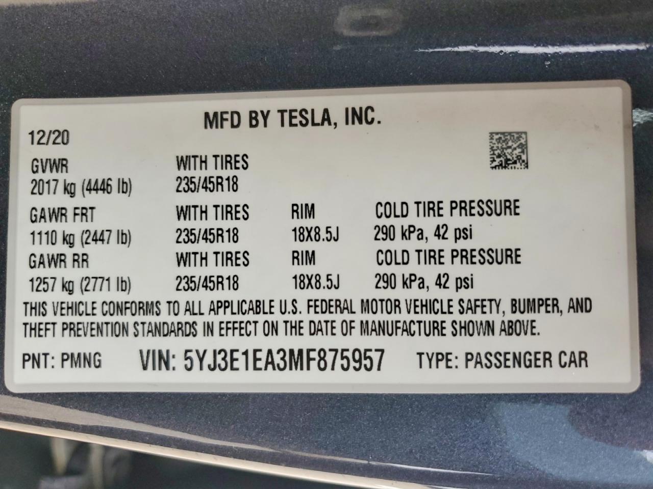 2021 TESLA MODEL 3 photo 12
