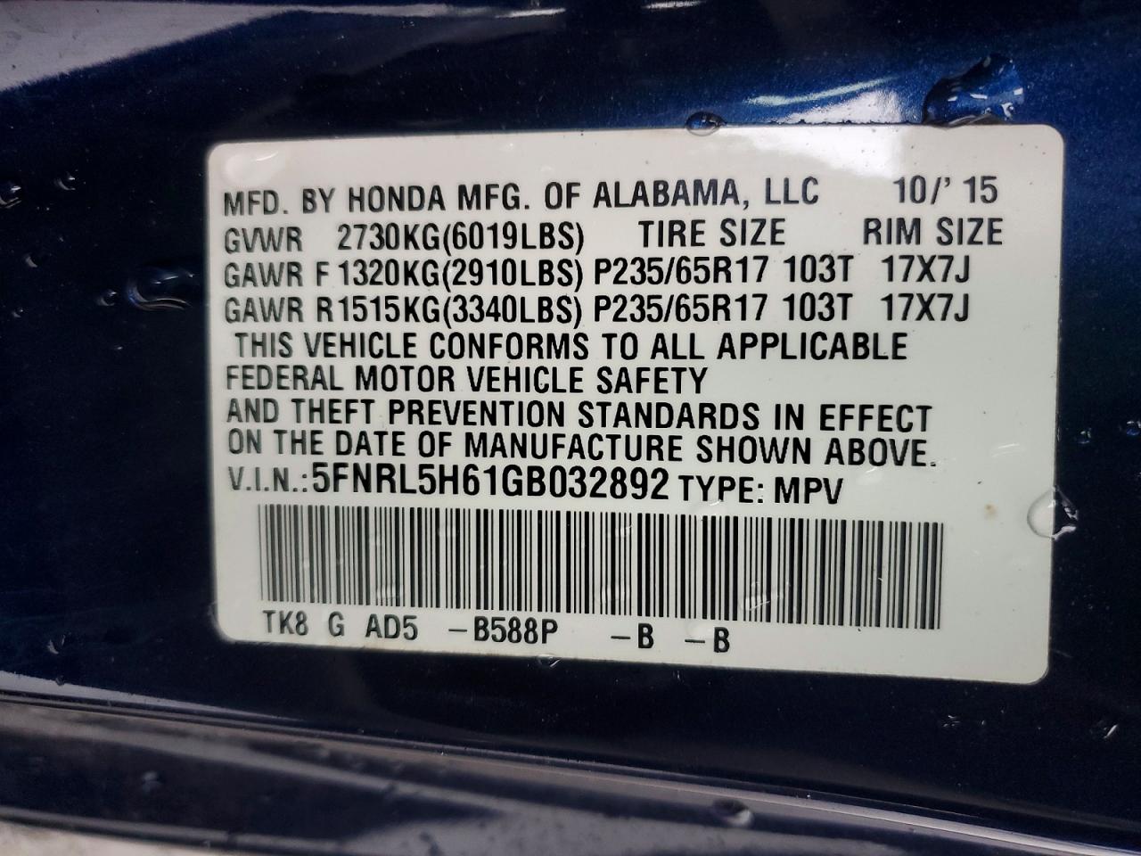 2016 HONDA ODYSSEY EXL photo 13