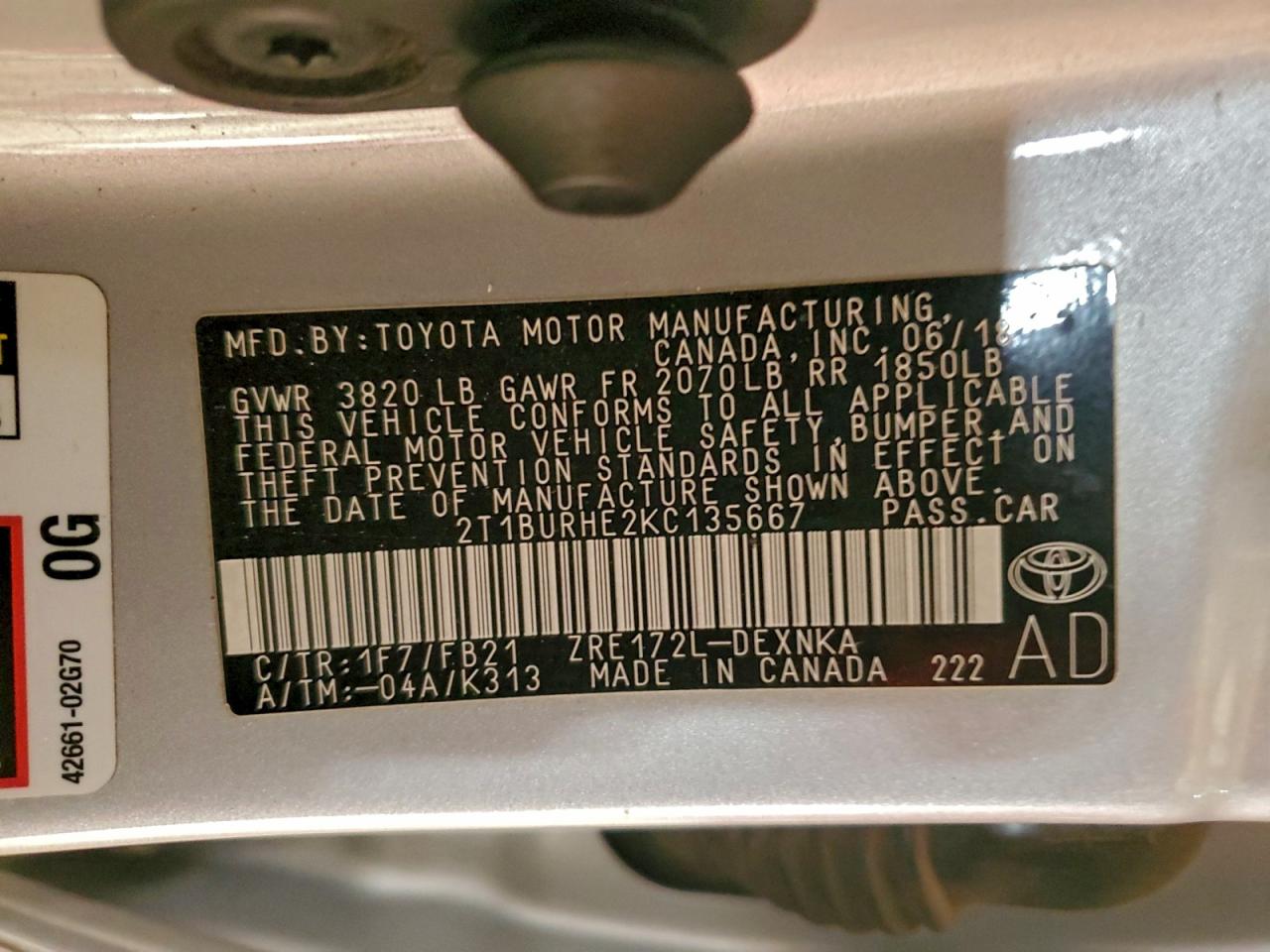 2019 TOYOTA COROLLA L photo 12