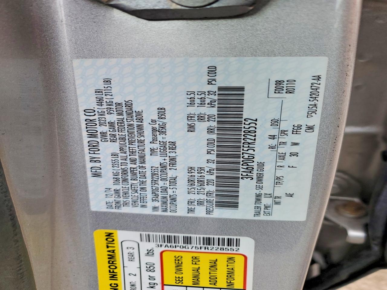 2015 FORD FUSION S photo 12
