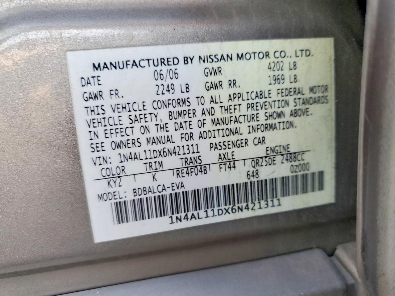 2006 NISSAN ALTIMA S photo 12